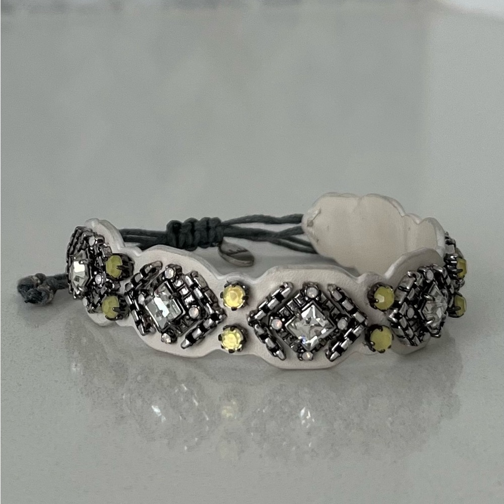 Stella & Dot cream leather crystal and beads bracelet